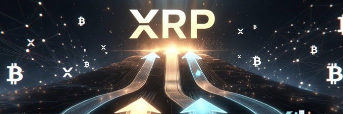 Bold "XRP" text glows brightly at the center of a digital landscape, with Bitcoin logos and cryptocurrency symbols scattered across a network web of upward-pointing arrows, symbolizing XRP's projected explosive rise beyond $2 and $5 to unprecedented levels.
