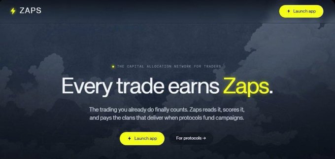 Screenshot of the ZAPS website, a capital allocation network for traders, featuring the tagline 'Every trade earns Zaps.' with 'Launch app' and 'For protocols' buttons.