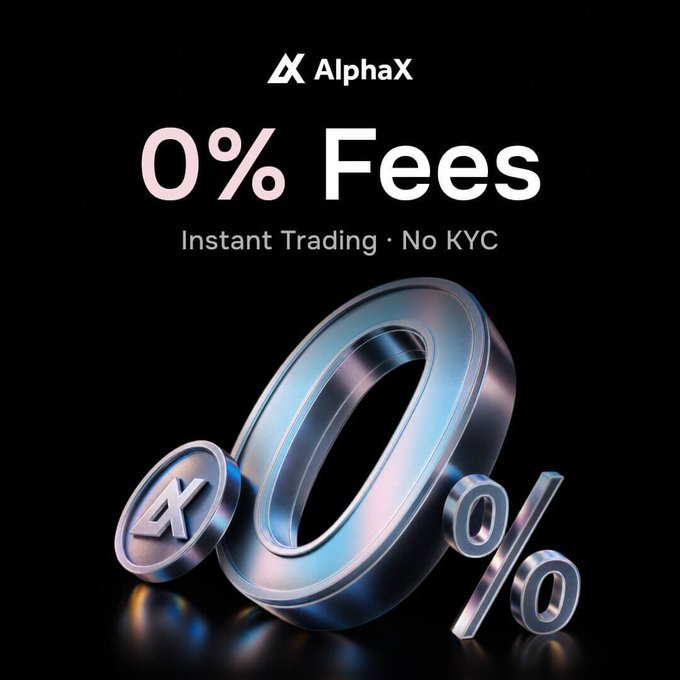 Promotional graphic for "AlphaX" highlighting "0% Fees" with the tagline "Instant Trading · No KYC," featuring a metallic 3D ring and percentage symbol.