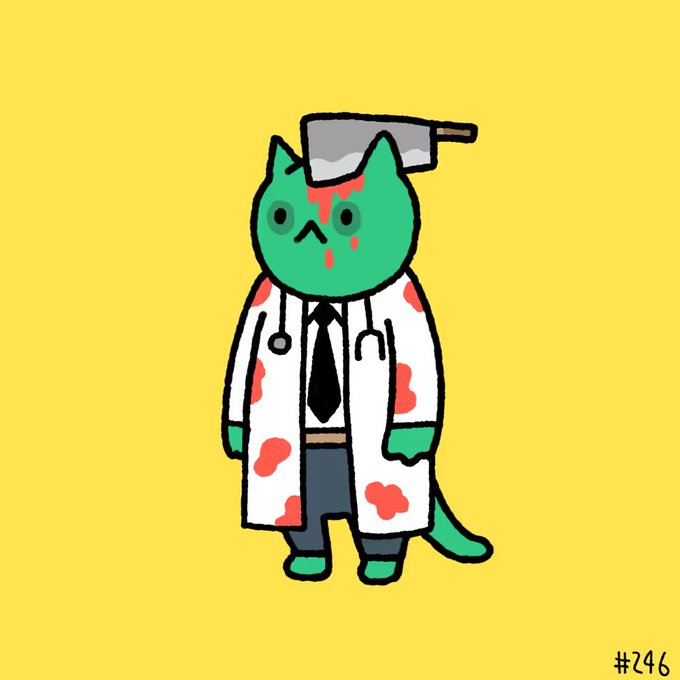 A cartoon illustration shows a green cat character wearing a blood-spattered white doctor's coat and tie, with a meat cleaver stuck in its head, labeled "#746" in the corner.