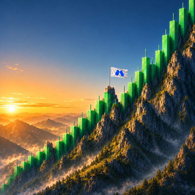 A majestic mountain fortress with towering green walls is crowned by a flag bearing a blue "M" logo, set against a golden sunrise. The image visually mirrors the post's theme of conquering new price highs for $BTC and $ETH, with the rising sun and ascending peak symbolizing the ongoing upward momentum toward new targets.