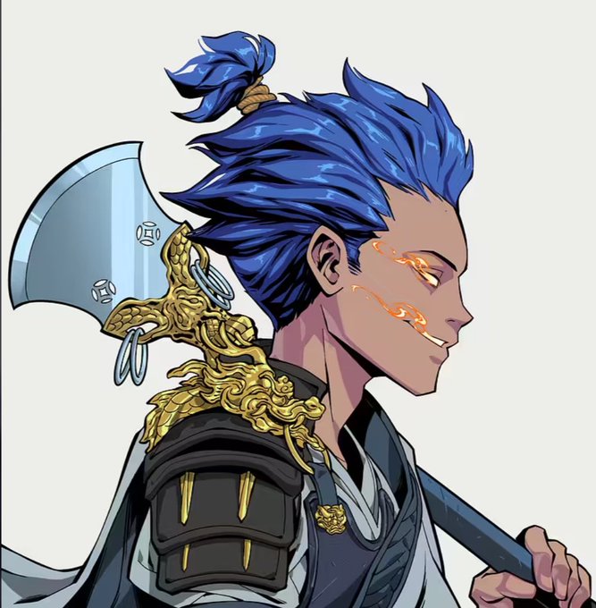The image features a man with blue hair holding an axe while wearing armor. The caption reads "Minted my shaolin saga for free and now they are worth 1 SOL. Low supply and good community,still going higher from here." This suggests that the man is part of a group or community where he has gained valuable items in exchange for his skills or services.

The image also includes a sword with a dragon design on it, which adds to the overall theme of the post. The combination of these elements creates an intriguing and visually appealing scene.