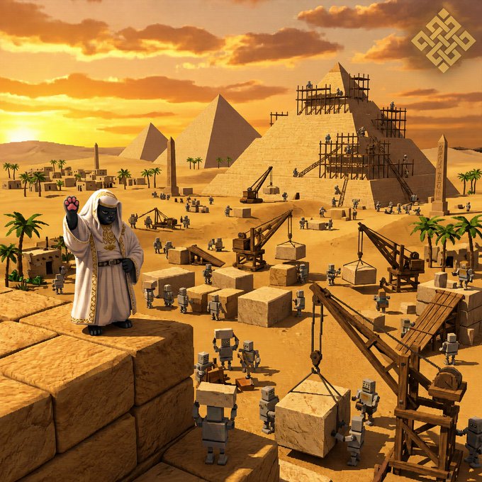 A digital illustration of a pyramid construction site at sunset, featuring an anthropomorphic cat character in royal robes on a stone block in the foreground, with workers, cranes, and other pyramids in the background.