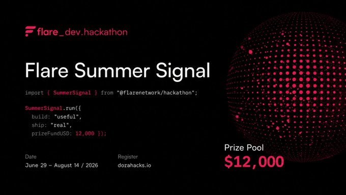 Promotional graphic for the "Flare Summer Signal" hackathon by Flare Networks, running June 29 – August 14, 2026, with a $12,000 prize pool and registration via dozahacks.io, featuring stylized code snippet branding on a black background with a red dotted sphere design.