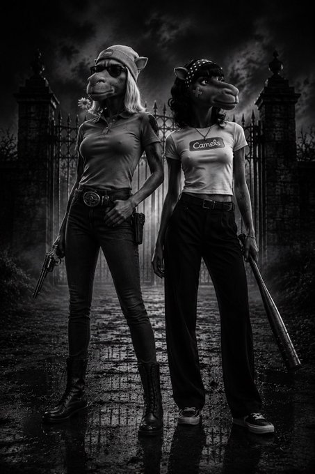 Two anthropomorphic camels stand menacingly before iron gates under a stormy night—one in a beanie and sunglasses holding a flower and pistol, the other in a "Camels" t-shirt gripping a baseball bat—both projecting the tough, vigilante vibe of the @camelsNFT guardians described in the post.