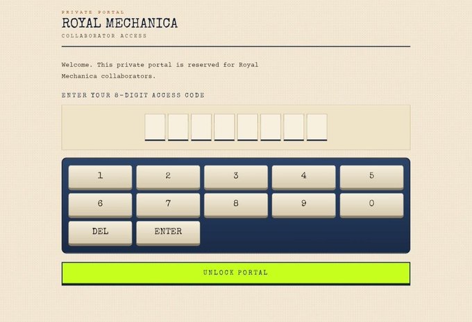 A digital access screen for 'ROYAL MECHANICA PRIVATE PORTAL' displaying an 8-digit code entry field, a numeric keypad, and a green 'UNLOCK PORTAL' button.