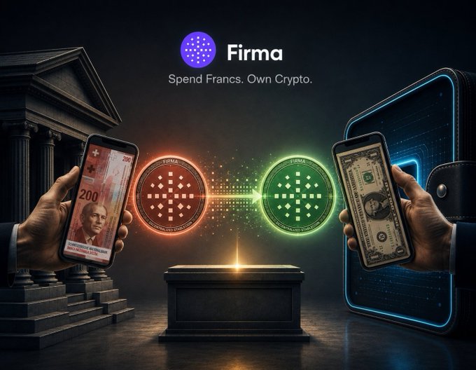 A promotional graphic for "Firma" displays the tagline "Spend Francs. Own Crypto." between hands holding a Swiss franc banknote and a US dollar bill, with glowing Firma tokens appearing to transfer between them.