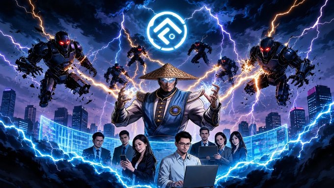 A dramatic digital artwork showing a blue-robed figure with a conical hat wielding lightning powers against robotic enemies, with a team of professionals working on laptops below and a blue logo at the top center.