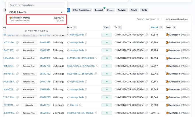 Etherscan token tracker page for ERC-20 Memecoin (MEME) showing holdings of 127,446,659.85 MEME worth $65,735.71, with a transaction list of purchases from nick4402.eth and nukangol.eth via Uniswap V3.