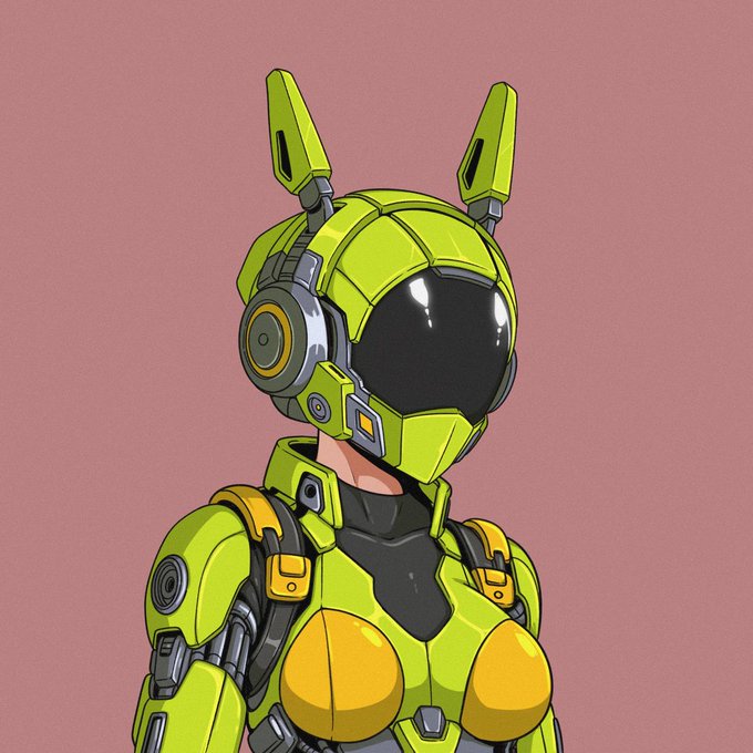 A character wearing a futuristic green and yellow mechanical suit with a glossy black visor and ear-like antennas is depicted against a muted pink background.