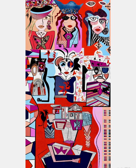 A vibrant, cubist-style collage artwork featuring multiple stylized female figures with exaggerated features, bold pink and red backgrounds, and a seated figure at the bottom, with "Sneketoshi" artwork style resembling NFT profile picture collections.