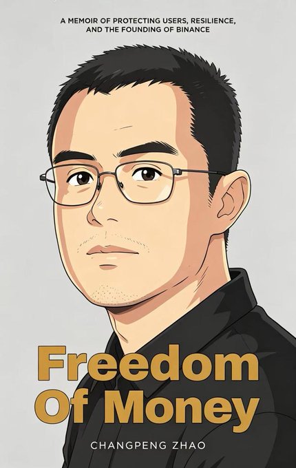 A stylized illustrated book cover titled 'Freedom Of Money' by Changpeng Zhao, subtitled 'A memoir of protecting users, resilience, and the founding of Binance.'