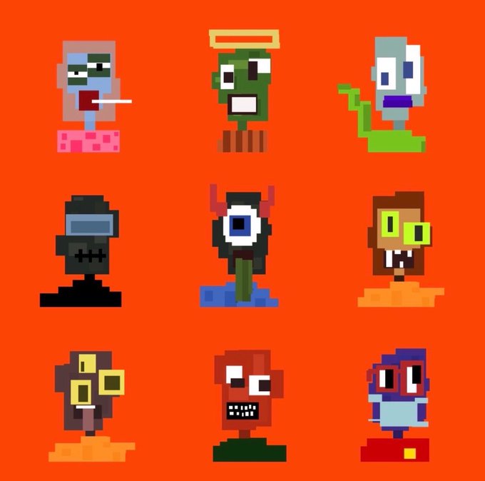 A pixel art illustration displaying nine distinct cartoon characters arranged in a 3x3 grid on a solid orange background.