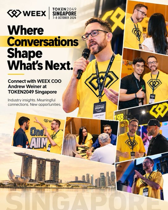 A promotional collage for WEEX at TOKEN2049 Singapore, held 7–8 October 2025, features WEEX COO Andrew Weiner speaking into a microphone and meeting attendees in a bright yellow WEEX shirt. The poster reads, “Where Conversations Shape What’s Next,” “Connect with WEEX COO Andrew Weiner at TOKEN2049 Singapore,” and “Industry insights. Meaningful connections. New opportunities,” with Singapore’s Marina Bay skyline and large “SINGAPORE” text below.
