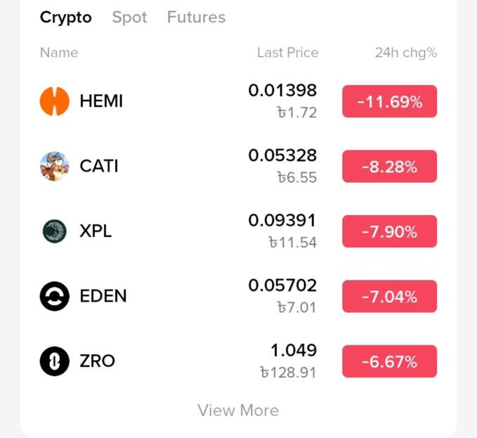 A cryptocurrency price tracker displays several tokens in the red (decreasing), including HEMI (-11.69%), CATI (-8.28%), XPL (-7.90%), EDEN (-7.04%), and ZRO (-6.67%).