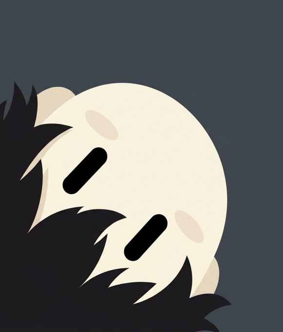A minimalist digital illustration showing a pale face with closed eyes partially hidden behind thick, dark, jagged fur or hair against a dark gray background.