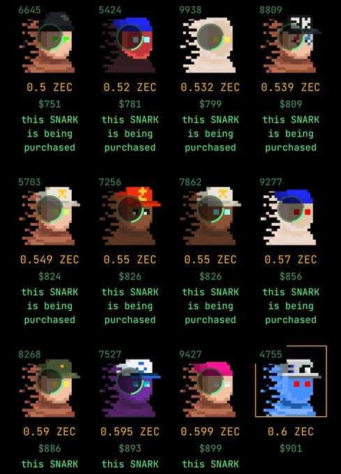 A grid of 12 CryptoPunk NFTs being purchased with prices ranging from 0.5 ZEC ($751) to 0.6 ZEC ($901), illustrating whale activity as multiple high-value SNARK purchases are being made in rapid succession.
