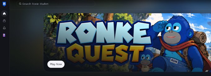 A webpage banner for 'RONKE QUEST' featuring a cartoon blue gorilla character named RON with a backpack, set in a forest background with a 'Play Now' button.
