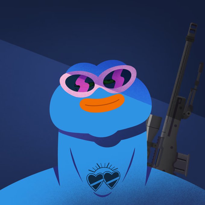 A blue cartoon penguin-like character wearing pink sunglasses, with a heart-shaped tattoo on its chest, holding a sniper rifle.