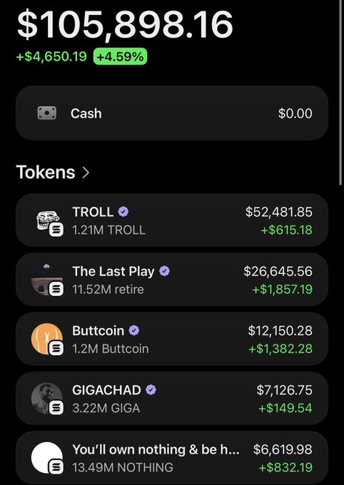 A crypto portfolio screenshot showing a total balance of $105,898.16 (up $4,650.19 or +4.59% today), with notable holdings including 1.21M TROLL ($52,481.85), 11.52M "The Last Play" retire ($26,645.56), 1.2M Buttcoin ($12,150.28), 3.22M GIGACHAD ($7,126.75), and 13.49M NOTHING ($6,619.98), confirming the user's post about maintaining a 6-figure DCA wallet and adding more $giga and $nothing today.