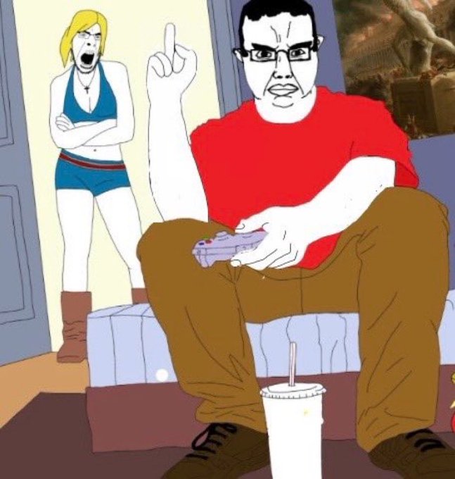 A cartoon man wearing glasses and a red shirt sits on a couch holding a game controller while ignoring an angry blonde woman in a doorway, with a drink on the floor beside him—illustrating the post's theme of someone obliviously making questionable decisions (like buying a "memory cow moo" token) despite clear warning signs to stop.
