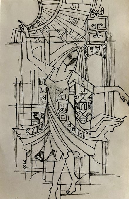A black and white line drawing or sketch of a woman in a flowing dress and head covering, posed with one arm raised, set against a background of geometric shapes and columns.