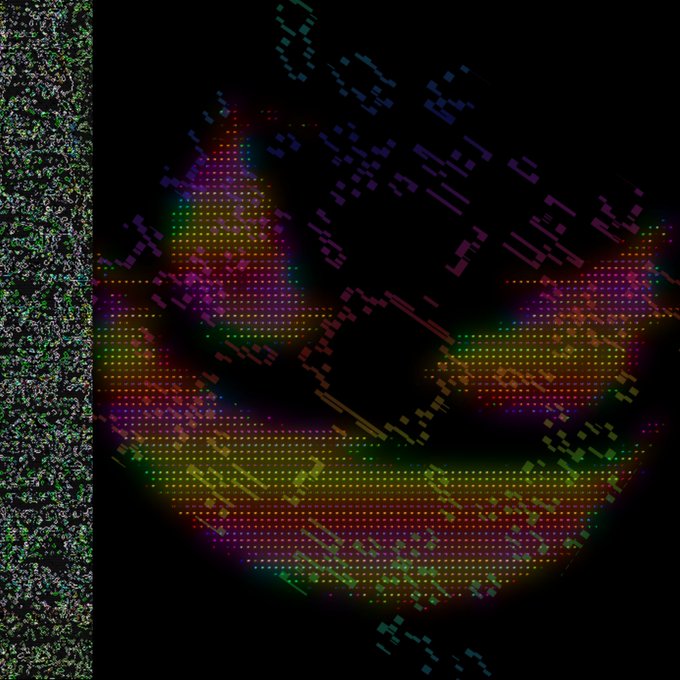 Abstract digital artwork featuring a colorful, pixelated, crescent-like form in rainbow hues against a black background with glitch-style rectangular fragments scattered throughout.