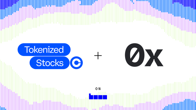 A promotional graphic announcing 'Tokenized Stocks' (with a Coinbase logo) plus 0x, featuring colorful bar chart graphics and an 'ON' indicator.