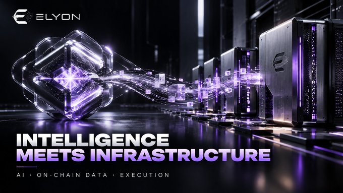 A promotional banner for 'EELYON' with the tagline 'INTELLIGENCE MEETS INFRASTRUCTURE' and subtext 'AI • ON-CHAIN DATA • EXECUTION', showing glowing purple digital elements flowing from a cube into server racks.