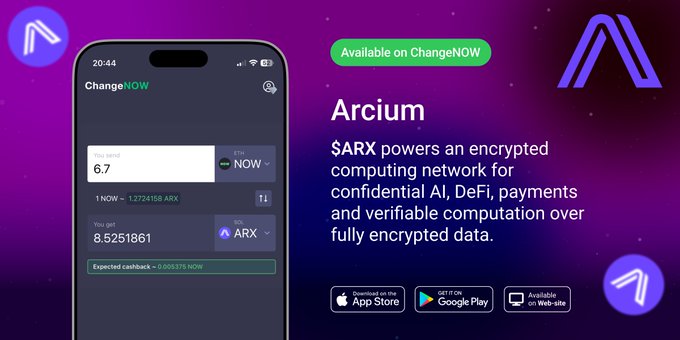 A promotional graphic for Arcium (ticker $ARX) shows the ChangeNOW exchange interface with a swap of 6.7 NOW to 8.5251861 ARX at a rate of 1 NOW = 1.2724158 ARX. The image also notes that Arcium powers an encrypted computing network for confidential AI, DeFi, payments, and verifiable computation, with download options for the App Store, Google Play, and web.