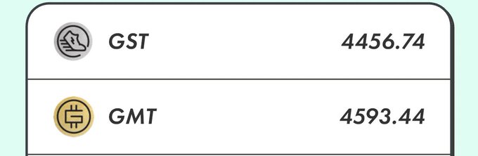 A wallet interface showing token balances: GST at 4456.74 and GMT at 4593.44.