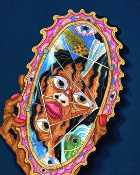 A vibrant painting depicts hands holding a pink ornate mirror, which reflects a fragmented face with multiple eyes overlaid with geometric lines.