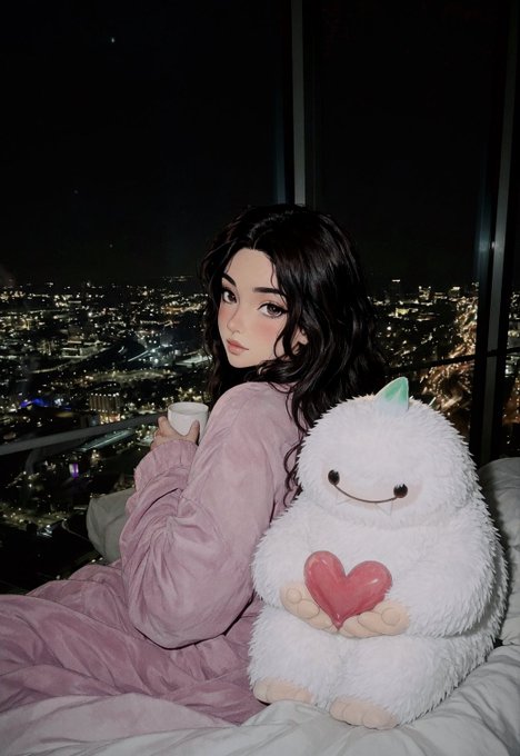 A young woman in a pink robe holds a mug while sitting beside a plush white yeti-like stuffed toy with a red heart, set against a nighttime city skyline visible through large windows, conveying a cozy "GM" morning vibe that complements the post's theme of starting the day with fresh intentions and productive plans.