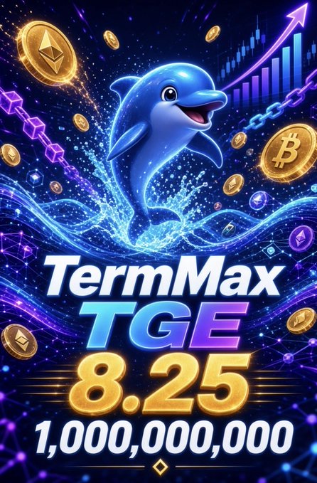 A promotional graphic for 'TermMax TGE' dated 8.25, featuring a cartoon blue dolphin leaping through water surrounded by Ethereum and Bitcoin coins, with the number '1,000,000,000' displayed at the bottom.