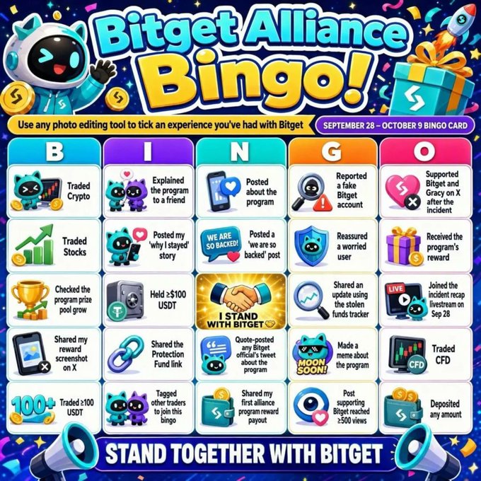 A 'Bitget Alliance Bingo' promotional bingo card with 25 squares detailing various Bitget-related experiences, valid September 28 – October 9.