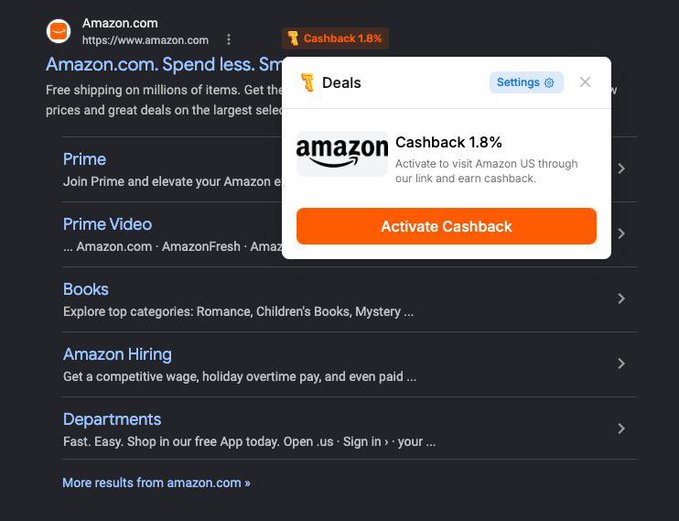 A browser extension popup displays a 1.8% cashback offer for Amazon.com, prompting users to "Activate Cashback" by visiting Amazon US through the platform's link—visually reinforcing the post's message of earning rewards while shopping at partner stores.