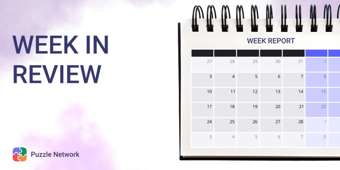 'WEEK IN REVIEW' graphic by Puzzle Network featuring a spiral notebook showing a calendar week report on a soft purple and white background.