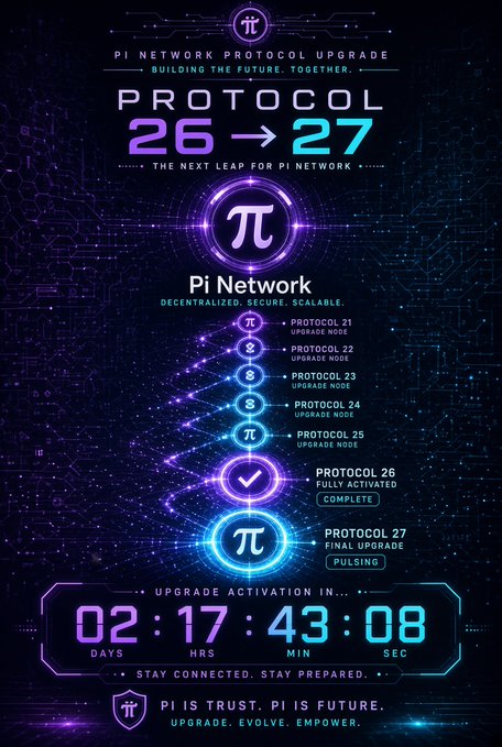 A promotional graphic for the Pi Network Protocol Upgrade 26 to 27, showing a timeline of protocol upgrades, a countdown timer of 02:17:43:08, and the tagline 'Pi is trust. Pi is future.'