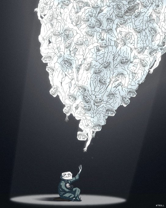 A cartoon illustration of a troll character under a spotlight reaching up toward a giant floating cloud composed of numerous smaller troll faces.