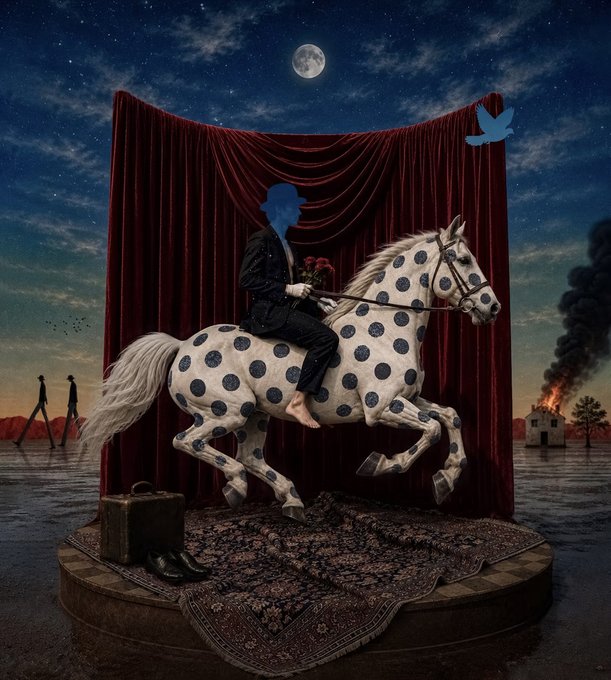 A surreal digital artwork showing a figure in a suit with a blue silhouette head riding a white horse with blue polka dots, set on a stage with a red velvet curtain against a backdrop of a burning house under a starry sky with a moon.