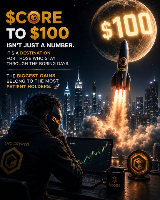 A promotional crypto poster titled '$CORE TO $100' showing a hooded figure looking at trading charts, a rocket launching past a moon displaying '$100', with the tagline about patient holders.