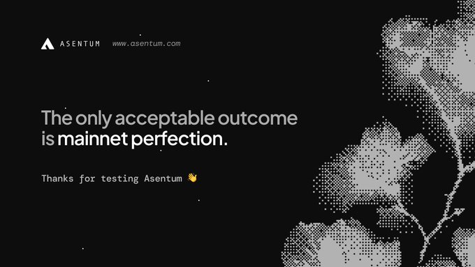 A sleek black graphic with a stylized leaf/plant motif displays the Asentum logo and website (asentum.com), featuring the bold message "The only acceptable outcome is mainnet perfection" and "Thanks for testing Asentum" with a small flame icon, reinforcing the post's announcement that updated mainnet code and binaries are now live and ready for download.
