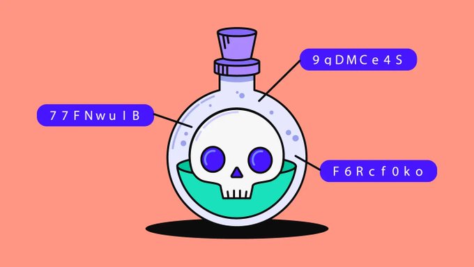 A digital illustration of a potion bottle containing a skull with the labels '9qDMCe4S', '77FNwuIB', and 'F6RcfOko' pointing to different parts of the bottle.