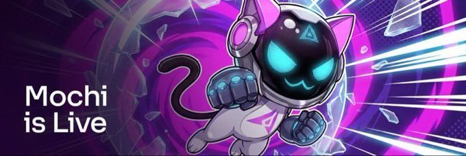 A neon cyber-cat character in a futuristic space suit with glowing blue eyes and mechanical gauntlets bursts through a shattered purple portal, accompanied by the bold text "Mochi is Live" — visually embodying the viral AI-powered live-streaming mascot the post introduces, showcasing its engaging, interactive persona rather than any traditional stock-shilling gimmick.