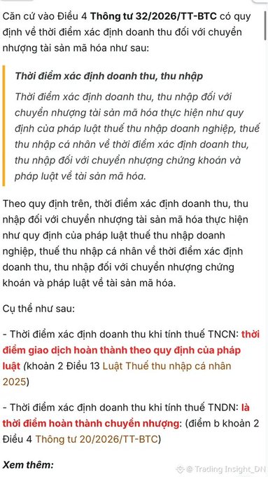 The image displays Vietnamese tax regulation text from Circular 32/2026/TT-BTC, explaining that revenue recognition timing for crypto asset transfers follows existing corporate income tax and personal income tax laws—specifically, PIT uses the transaction completion date under Article 2.13 of the 2025 Personal Income Tax Law, while CIT uses the transfer completion date under Article 4.2 of Circular 20/2026/TT-BTC.
