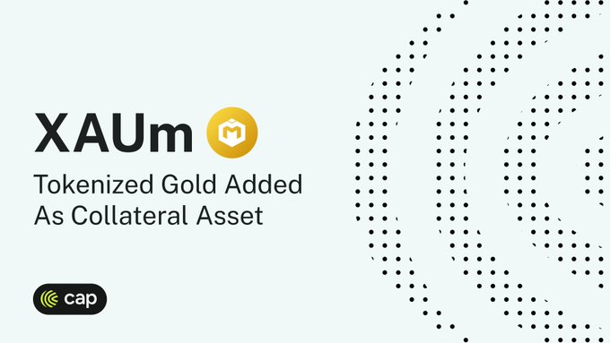 The image features a white background with black polka dots and text that reads "XAUM" followed by "TOKENIZED Gold Added As Collateral Asset". The text also mentions that this integration marks the first time tokenized gold has been accepted as collateral on Cap, which is an online marketplace for buying and selling digital assets.
