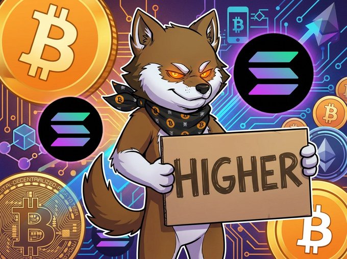 The image features a cartoon dog holding up a sign that reads "HIGHER". The background of the image consists of various Bitcoin symbols, including Bitcoins and Etheriums, as well as other cryptocurrency icons such as Etherium blocks and Bitcoin coins. This suggests that the image is related to the world of cryptocurrencies or digital assets.