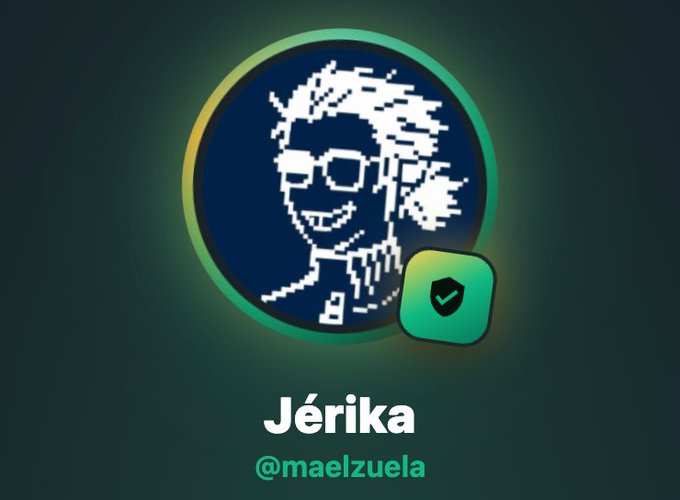 A pixel-art style circular profile picture shows a smiling person with sunglasses, accompanied by the name 'Jérika' and handle '@maelzuela' with a green verification badge.