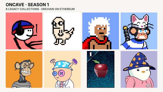 Promotional graphic for ONCAVE SEASON 1 featuring 8 legacy NFT collections on Ethereum, displaying pixel art characters including a red figure with cap, a white creature, a character with an afro, a cat-masked figure, a Bored Ape-style monkey, a character with sunglasses, an apple, and a chick in a wizard hat.