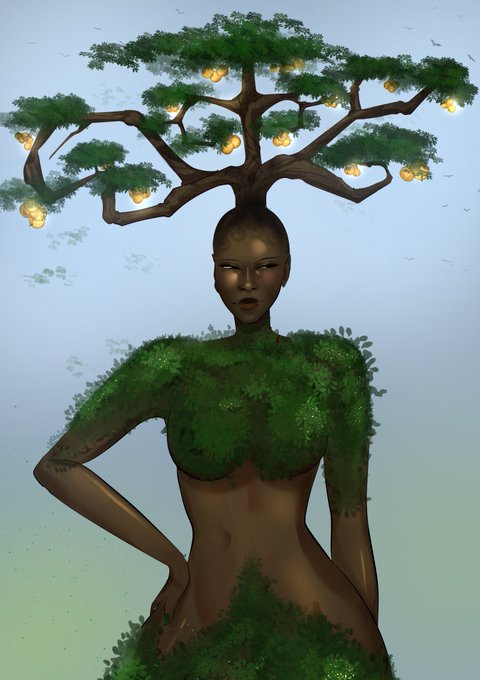 A digital illustration of a Black woman whose head transforms into a tree with green foliage and glowing yellow lanterns, with foliage also covering her shoulders and hips against a pale blue sky.